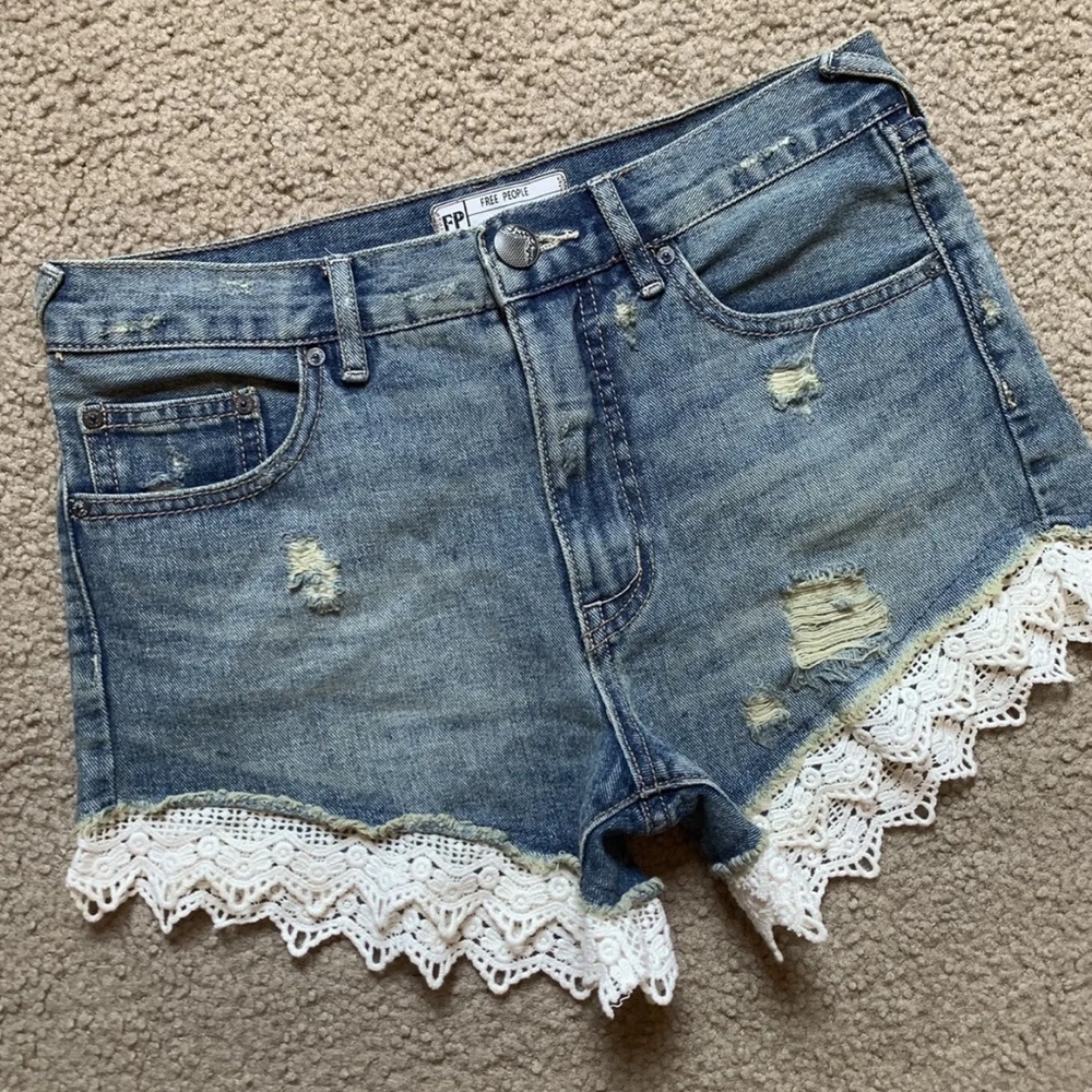 Free People Cut Off Crochet Hem Distressed Shorts Dark Denim